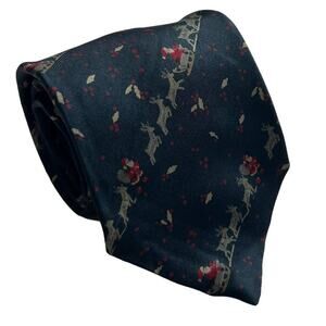 LDM Saks Fifth Vintage Navy 1985 Christmas Reindeer Santa Silk Neck Tie